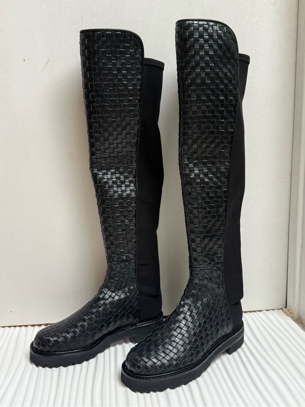Stuart Weitzman Black 5050 Woven Leather Knee High Boot